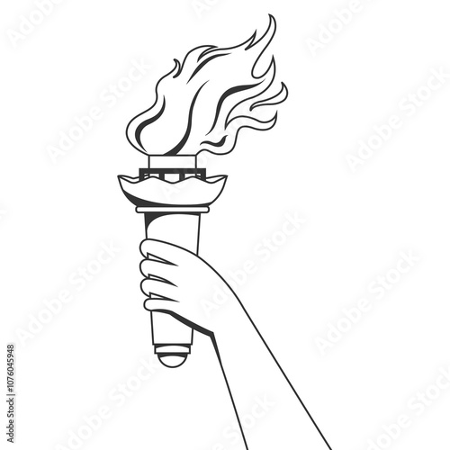 Black white Torch with burning flame in hand, A hand holding the torch.