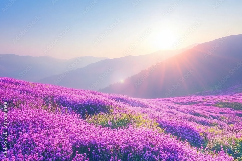 Obraz premium Field of purple flowers with bright sun in the background. The scene is peaceful and serene, background for design works. Spring joyful background.