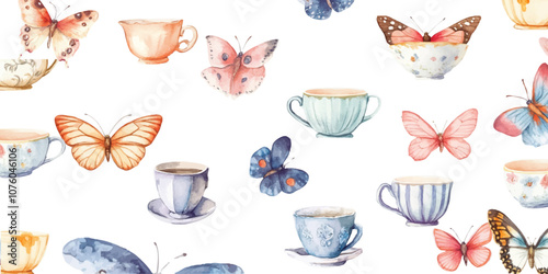 Beautiful ornate watercolor vintage tea cup pattern with light blue and pink colors and gold butterfly accents in the background on a gray background.