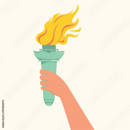 Torch with burning flame in hand, A hand holding the torch.