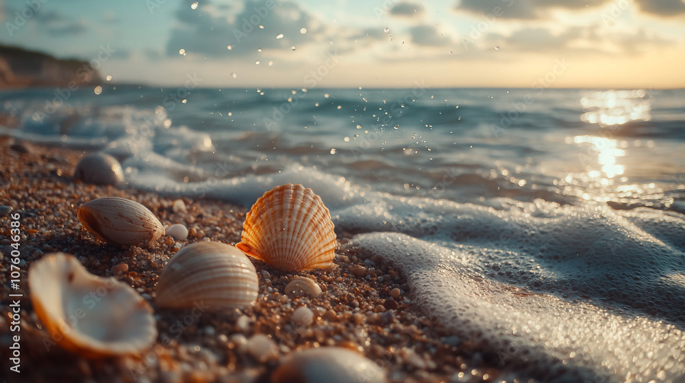 Golden shells on a sandy beach during sunset with gentle waves lapping at the shore Golden shells on a sandy beach during sunset with gentle waves lapping at the shore