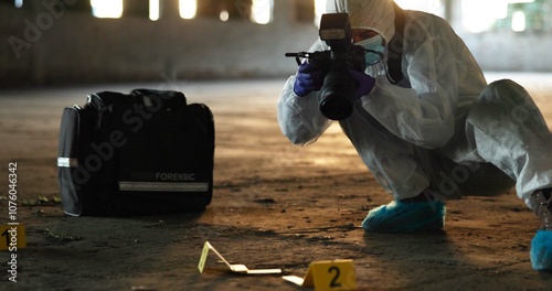 Crime, person and photography at scene for investigation, documentation and evidence in abandoned warehouse. Forensic specialist, PPE or camera in building for legal service, inspection or pathology photo