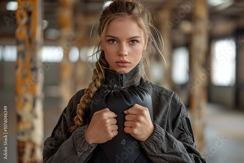  female practicing self-defense techniques on a bag, isolated background 