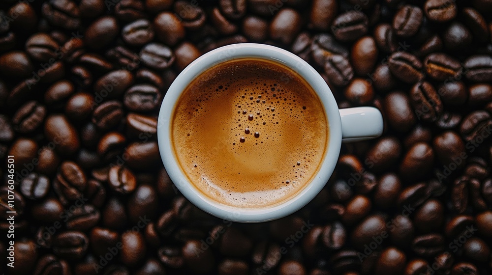Freshly Brewed Coffee in a White Cup on Coffee Beans Freshly Brewed Coffee in a White Cup on Coffee Beans
