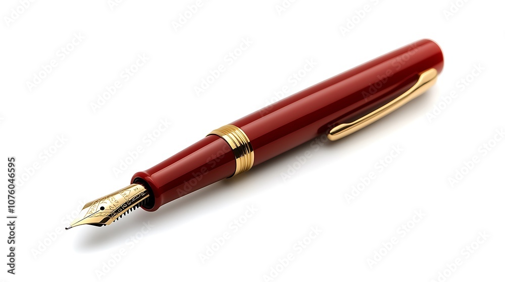 A red fountain pen with a gold nib. A red fountain pen with a gold nib.