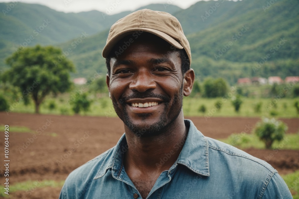 Close portrait of a smiling 40s Grenadian male farmer standing and looking at the camera, outdoors Grenadian rural blurred background Close portrait of a smiling 40s Grenadian male farmer standing and looking at the camera, outdoors Grenadian rural blurred background