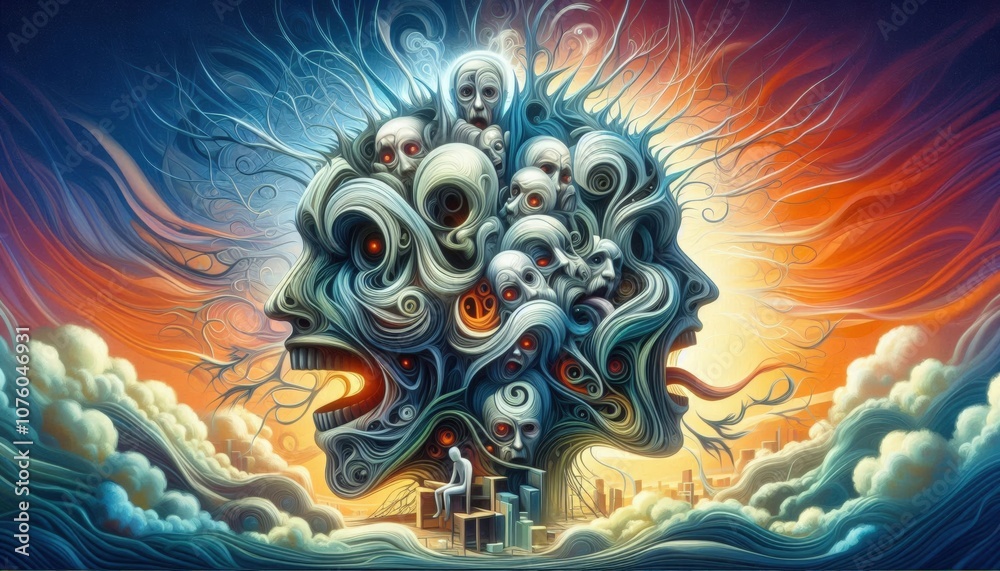 Illustration of Surreal Multi-Faced Head Symbolizing Dementia and Mental Decline
