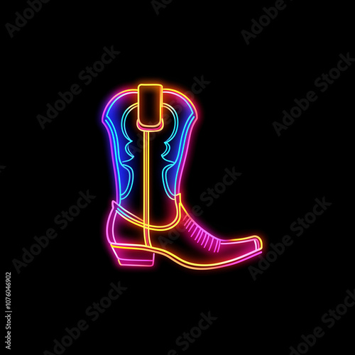3D Vector logo of an illuminated colorful neon cowboy boots, in a black background. Modern image with neon lighting.