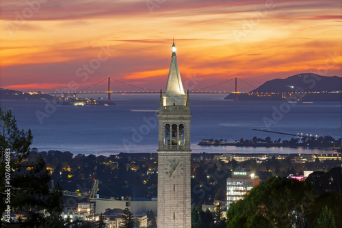 Sather Tower at Sunset with Golden Gate Bridge as the Background