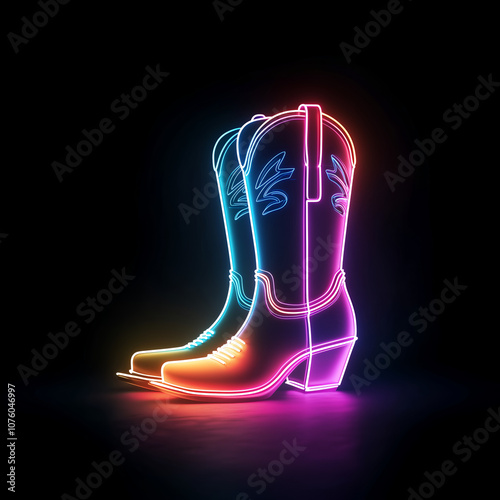3D Vector logo of an illuminated colorful neon cowboy boots, in a black background. Modern image with neon lighting.