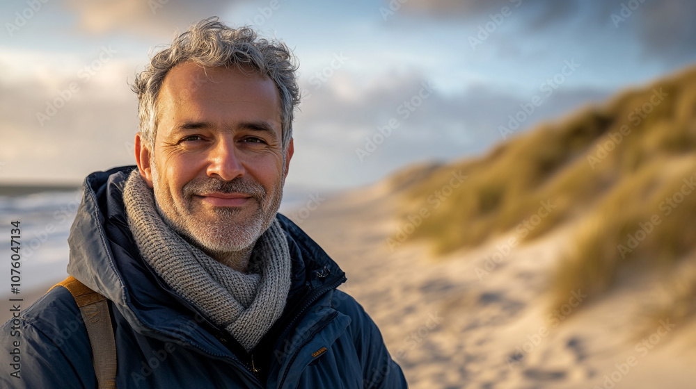 A man smiling on a serene beach during sunset with dunes in the background A man smiling on a serene beach during sunset with dunes in the background