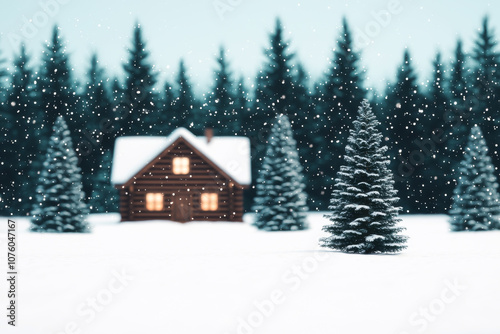 Charming wooden cabin in a snowy landscape surrounded by tall evergreen trees.