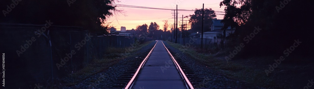 Fototapeta premium A tranquil railway track leading into a colorful sunset, evoking a sense of journey and exploration.