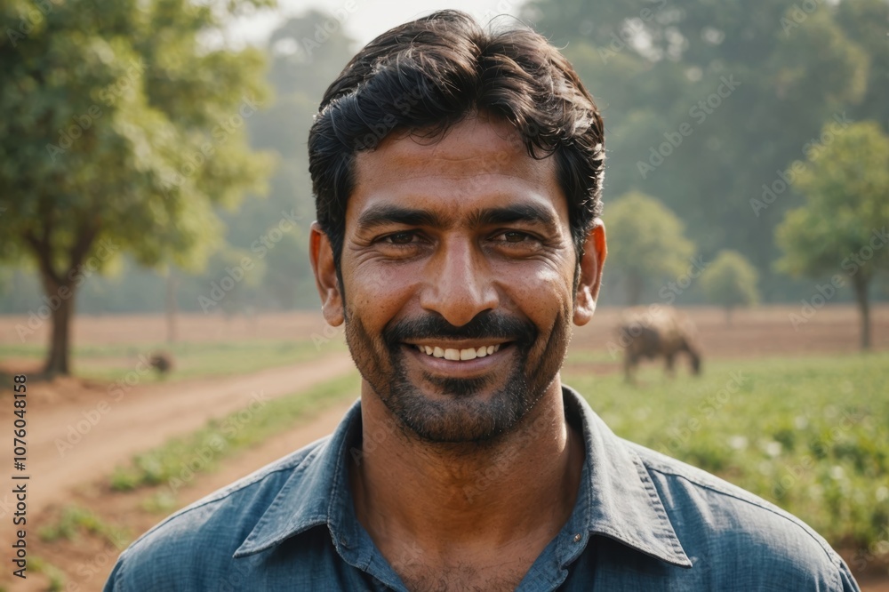 Close portrait of a smiling 40s Indian male farmer standing and looking at the camera, outdoors Indian rural blurred background Close portrait of a smiling 40s Indian male farmer standing and looking at the camera, outdoors Indian rural blurred background