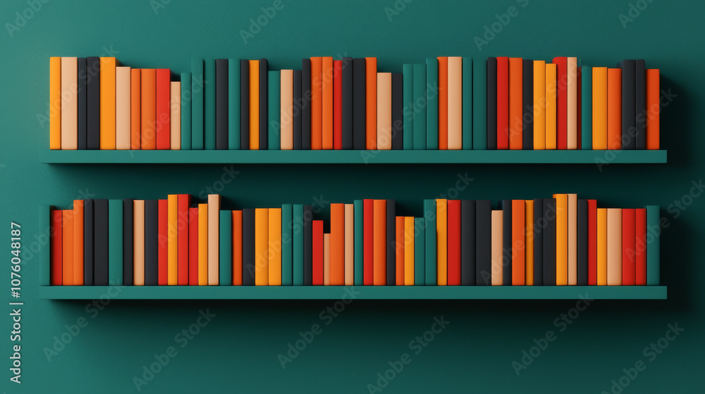 Colorful book shelves arranged neatly in a stylish modern setting. Colorful book shelves arranged neatly in a stylish modern setting.