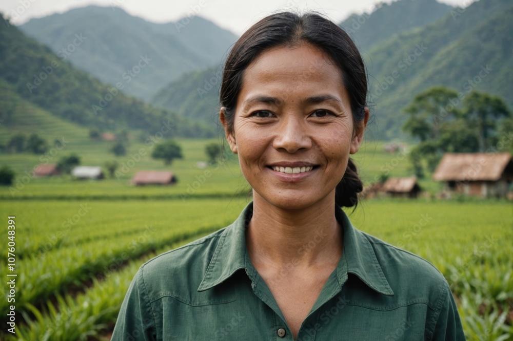 Close portrait of a smiling 40s Indonesian female farmer standing and looking at the camera, outdoors Indonesian rural blurred background Close portrait of a smiling 40s Indonesian female farmer standing and looking at the camera, outdoors Indonesian rural blurred background