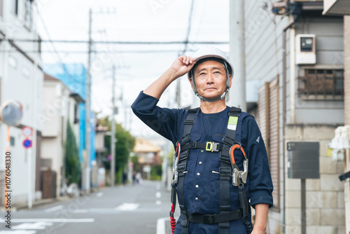 作業員、シニア、大工、建築、建設、工事、フルハーネス、高所作業、電気、技師、電力、現場、道路、インフラ、保守、住宅、男性、日本人、職人、仕事、職業、修理、修繕、復旧、復興、防災、災害、配管、ヘルメット、安全、危険、下請け、親方、中小企業、ベテラン、人材、シルバー、作業服、エンジニア、技能職、消防、レスキュー隊、シリアス、住宅街、会社、施工、業者、工務店、働く、人物