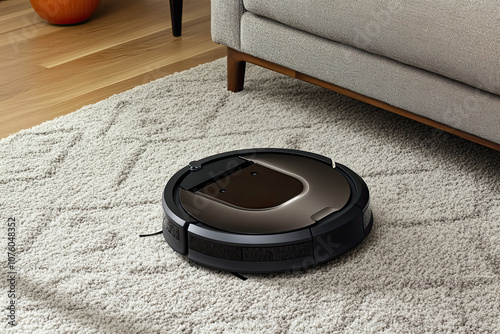 Robot vacuum cleaning a carpeted floor in a stylish living room photo