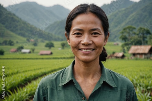 Close portrait of a smiling 40s Indonesian female farmer standing and looking at the camera, outdoors Indonesian rural blurred background photo