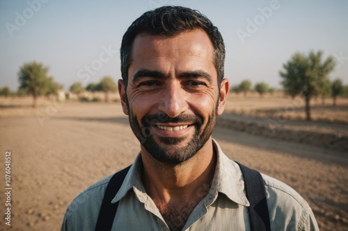 Close portrait of a smiling 40s Iraqi male farmer standing and looking at the camera, outdoors Iraqi rural blurred background