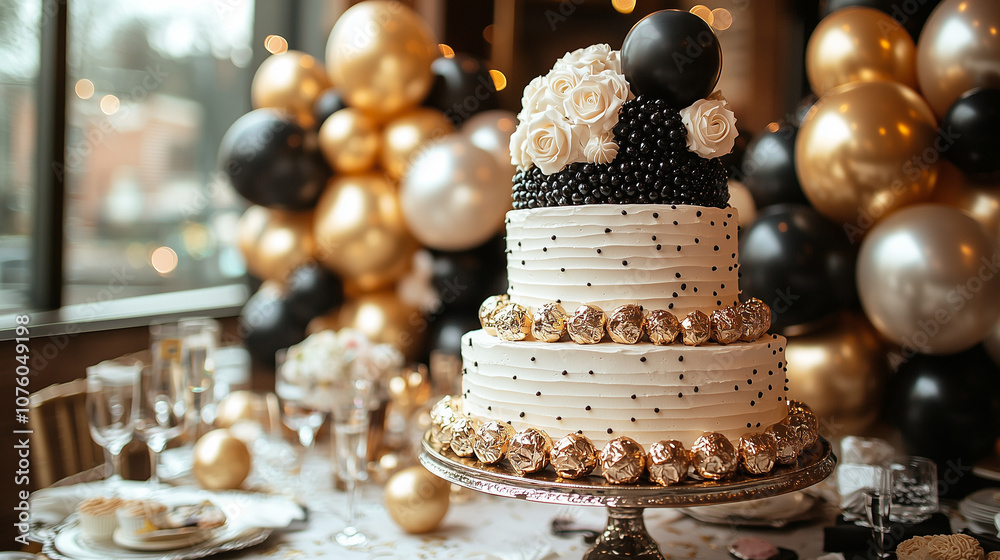 Elegant Black and Gold Wedding Cake: A three-tiered wedding cake adorned with delicate white roses and black polka dots, set against a backdrop of black and gold balloons. Elegant Black and Gold Wedding Cake: A three-tiered wedding cake adorned with delicate white roses and black polka dots, set against a backdrop of black and gold balloons.