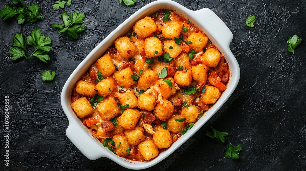 Overhead View of a Deliciously Baked Chicken Dish Topped with Crispy Bacon, Ranch Flavor, and Golden Brown Tater Tots Served in a White Casserole Dish