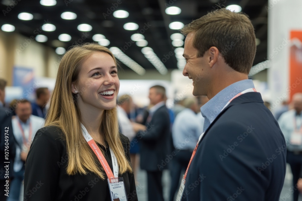 A young woman, full of enthusiasm, presents a new product at a crowded trade show, highlighting the momentum of a successful debut. A young woman, full of enthusiasm, presents a new product at a crowded trade show, highlighting the momentum of a successful debut.