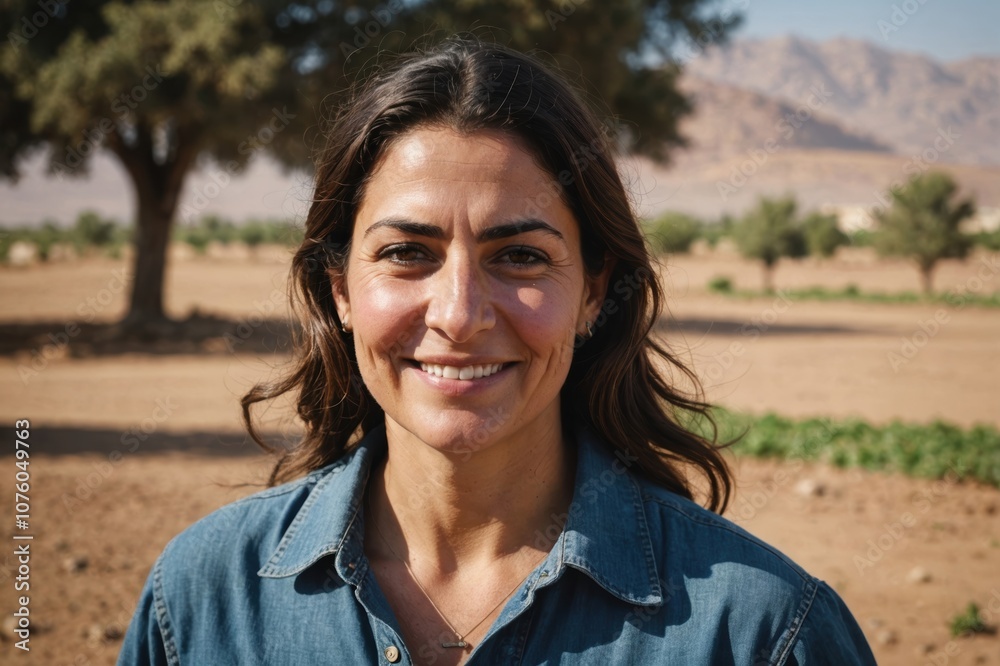 Close portrait of a smiling 40s Jordanian female farmer standing and looking at the camera, outdoors Jordanian rural blurred background Close portrait of a smiling 40s Jordanian female farmer standing and looking at the camera, outdoors Jordanian rural blurred background