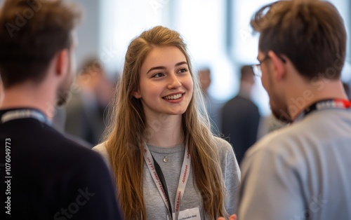 At a trade show, a young woman confidently interacts with colleagues, excited to enhance her communication and networking skills.