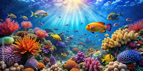 Colorful coral reef scene with tropical fish swimming freely, seaweed, water, waves, blue