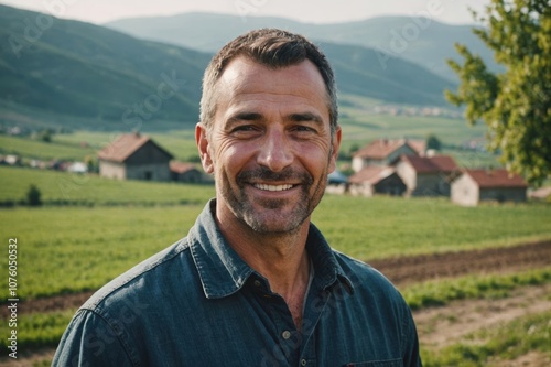 Close portrait of a smiling 40s Kosovar male farmer standing and looking at the camera, outdoors Kosovar rural blurred background
