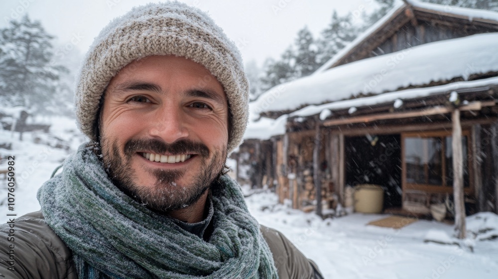 Smiling Man in a Wintery Landscape, Covered in Snow Smiling Man in a Wintery Landscape, Covered in Snow