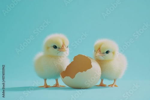 Cute Chicks Hatching from Egg on Blue Background