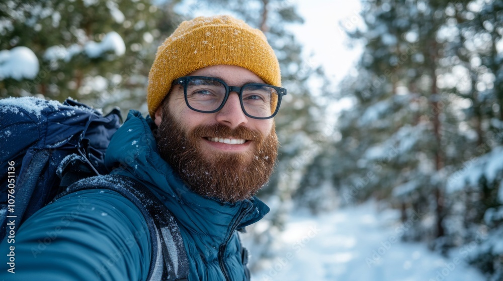 Smiling Man in Yellow Beanie and Glasses in Snowy Woods