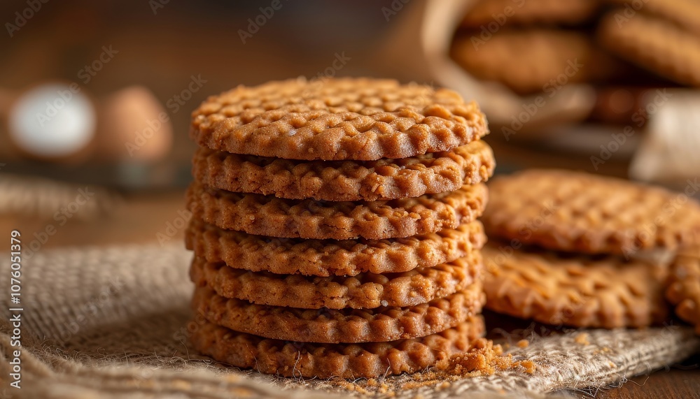 A stack of freshly baked cookies on a rustic wooden table with a burlap napkin. A stack of freshly baked cookies on a rustic wooden table with a burlap napkin.