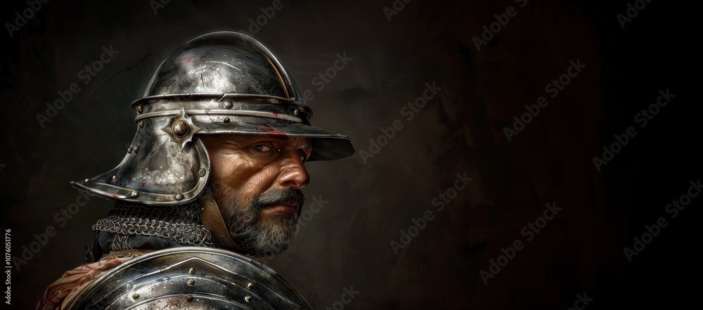 A conquistador gazes intensely into the distance, clad in a classic morion helmet, set against a strikingly plain backdrop A conquistador gazes intensely into the distance, clad in a classic morion helmet, set against a strikingly plain backdrop