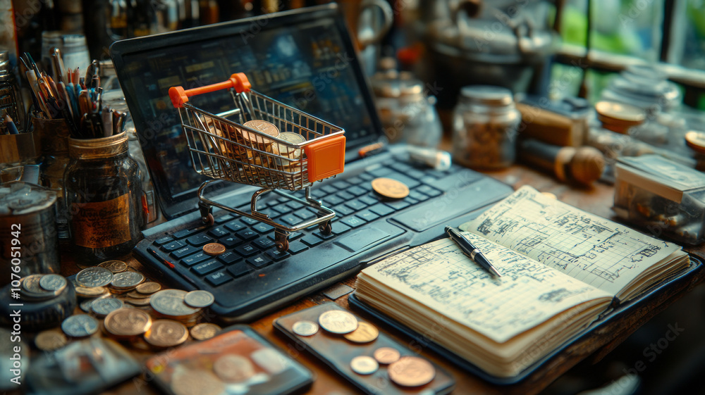miniature model of a shopping cart lying on a laptop keyboard, next to it lies an open notebook and a pen and a few coins. miniature model of a shopping cart lying on a laptop keyboard, next to it lies an open notebook and a pen and a few coins.