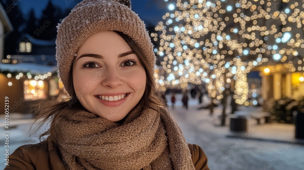 Woman in a Brown Hat and Scarf Smiling in Front of Christmas Lights Woman in a Brown Hat and Scarf Smiling in Front of Christmas Lights