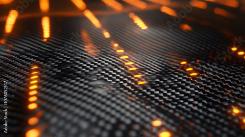 Modern carbon fiber texture with glowing orange lines, creating dynamic and futuristic appearance. interplay of light and material evokes sense of innovation and technology