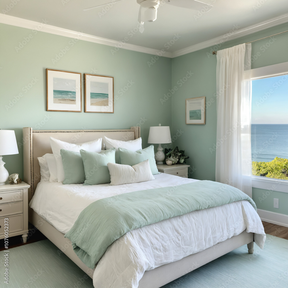 Bedroom with white bed and mint green walls Bedroom with white bed and mint green walls