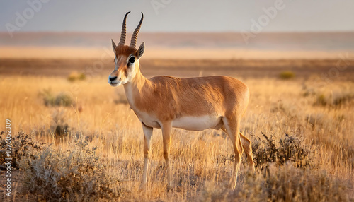 Saiga Antelope in the Open Steppe with its Unique Nose Prominently Visible