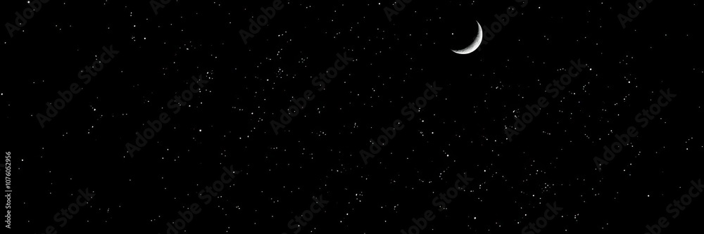 Dark celestial background with scattered stars and a crescent moon, dark matter, night sky Dark celestial background with scattered stars and a crescent moon, dark matter, night sky