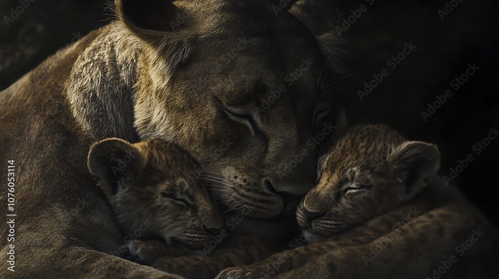 Naklejka premium A lioness tenderly cradles her two cubs, their eyes closed in peaceful slumber. The soft, warm light illuminates their fur, creating a sense of love and protection.