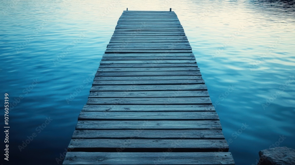 Fototapeta premium A serene wooden dock extending over calm water, inviting relaxation and contemplation.