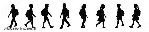 Kid student black silhouette, school children silhouette, kids back to school silhouette, vector illustration, on white background.