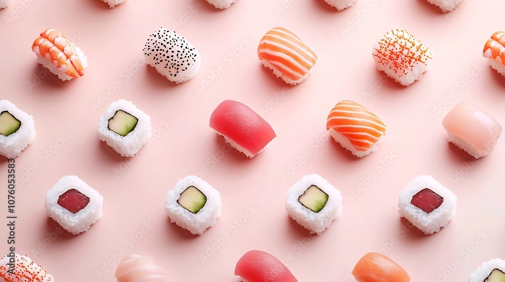 Tiny 3D Sushi and Sashimi Patterns Arranged in Minimalist Zen Inspired Background