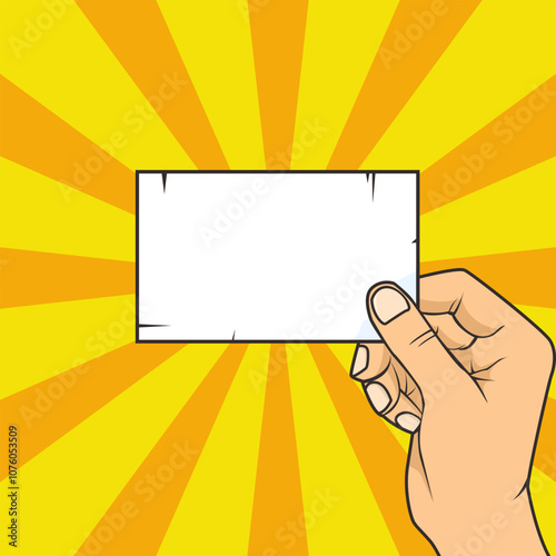 Hand hold paper card pop art comics style vector illustrations