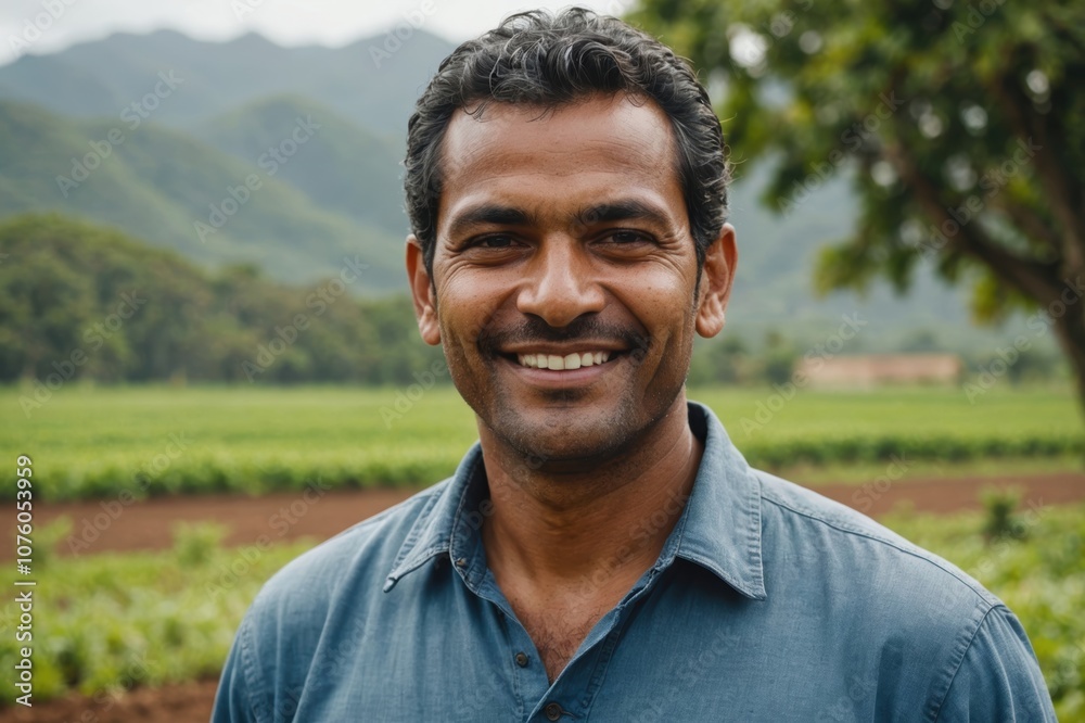 Close portrait of a smiling 40s Mauritian male farmer standing and looking at the camera, outdoors Mauritian rural blurred background Close portrait of a smiling 40s Mauritian male farmer standing and looking at the camera, outdoors Mauritian rural blurred background