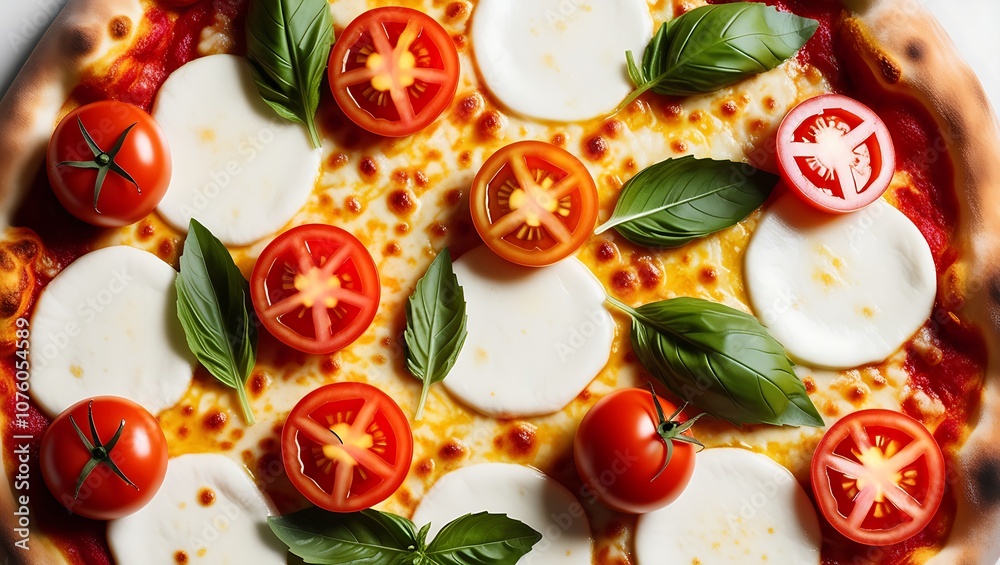 A close-up view of a freshly baked Margherita pizza topped with mozzarella cheese, tomato slices, and basil leaves. A close-up view of a freshly baked Margherita pizza topped with mozzarella cheese, tomato slices, and basil leaves.