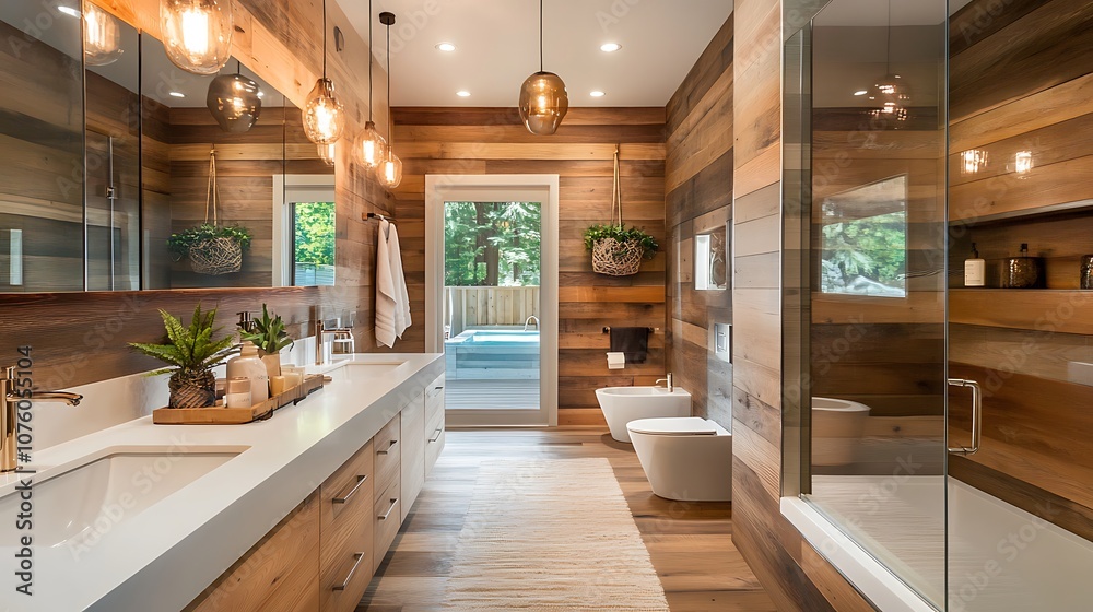 A modern bathroom with wood paneling, white countertops, and a glass shower enclosure. A modern bathroom with wood paneling, white countertops, and a glass shower enclosure.